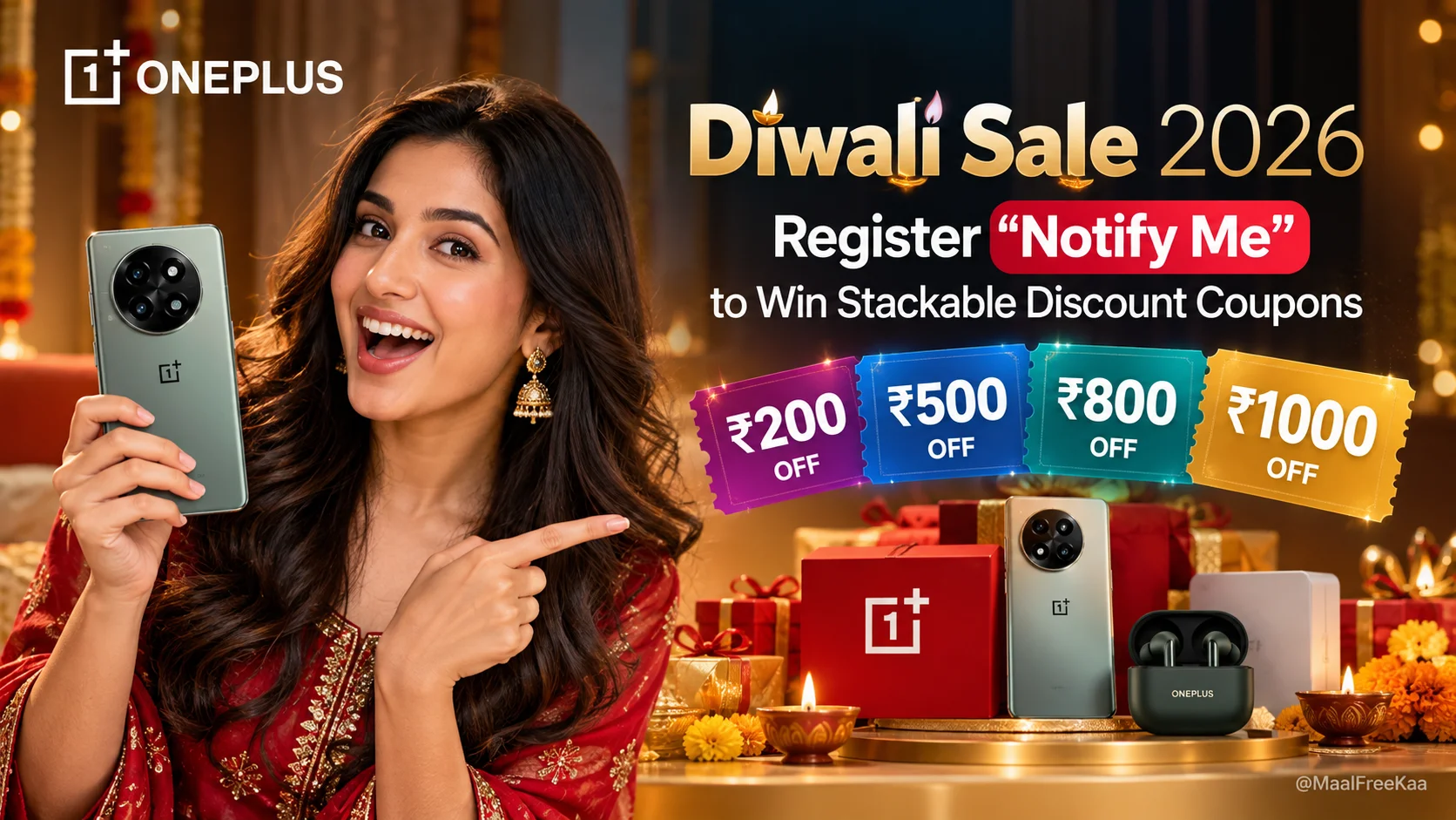 OnePlus Diwali 2026 Notify Me contest prizes and milestone coupons banner